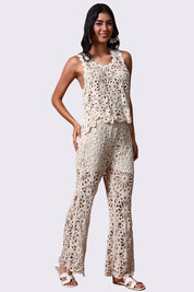 AXTZH Resort-Inspired Crochet Pants Featuring Sheer Weave and Flowing Silhouette X0150-BEIGE-BW1PLO