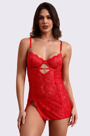AXTZH Sensual Lace Nightwear for Women with Sheer Detailing and Elegant Cut-Out Accents X4372-RED-SF1N