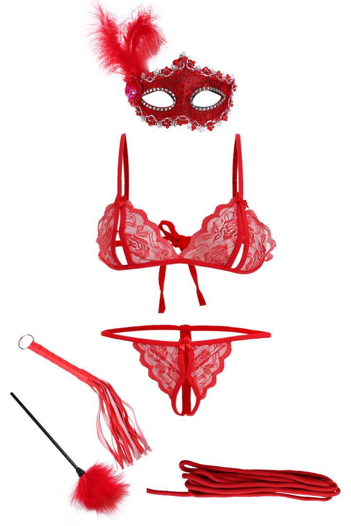 AXTZH Complete Six-Piece Intimate Bodysuit Set with Lace Details, Accessories, and Playful Finishing Touches X0012-RED-BS6P