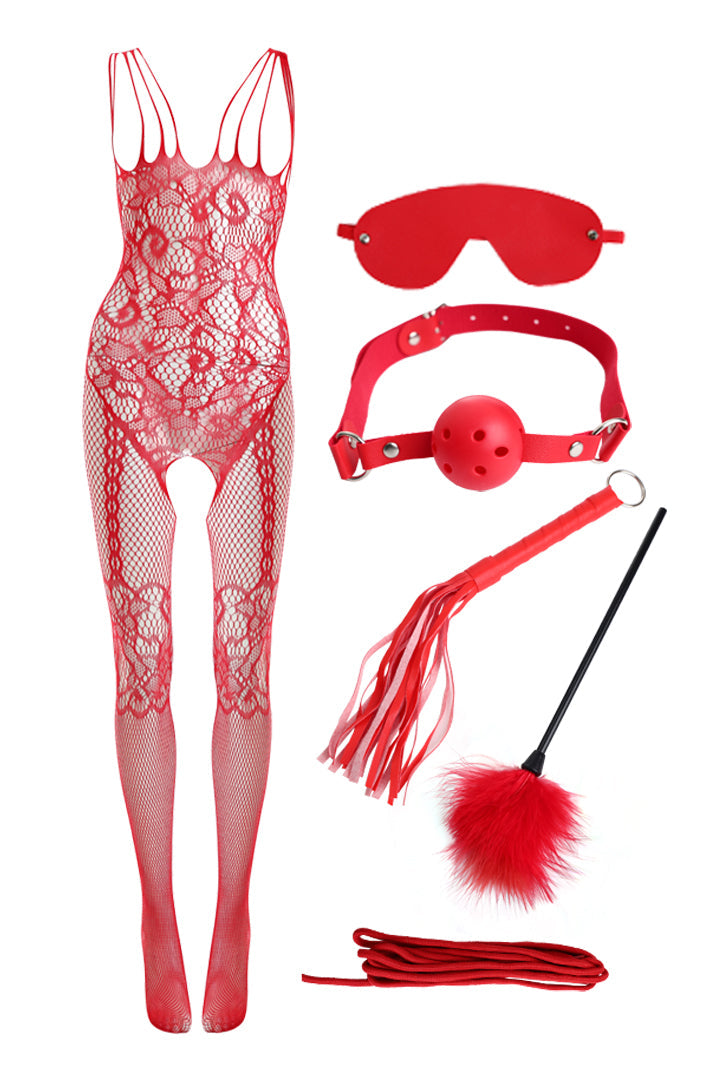 AXTZH Six-Piece Lace Bodysuit Set with Eye Mask, Ball Gag, Feather Tickler, Whip, and Accessories for Women X0014-RED-BS6P