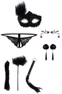 AXTZH Six-Piece Women’s Bodysuit Set with Lace Panty, Masquerade Mask, and Coordinated Play Accessories X0015-BLACK-BS6P