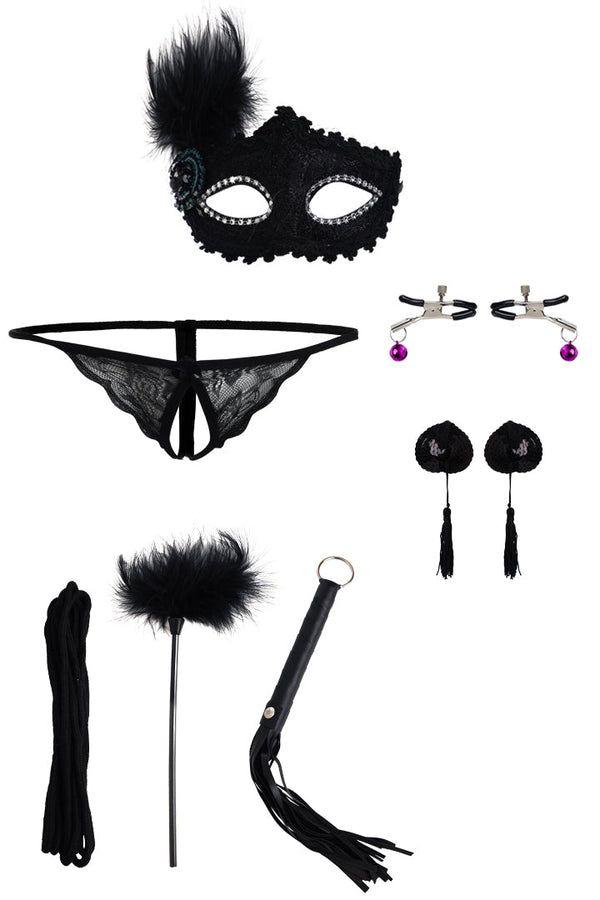 AXTZH Six-Piece Women’s Bodysuit Set with Lace Panty, Masquerade Mask, and Coordinated Play Accessories X0015-BLACK-BS6P