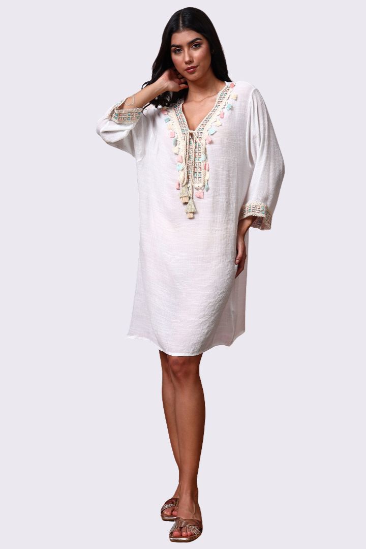 AXTZH Relaxed Fit Women’s Coverup with Embroidered Neckline and Chic Details-X3844-WHITE-SNGA1