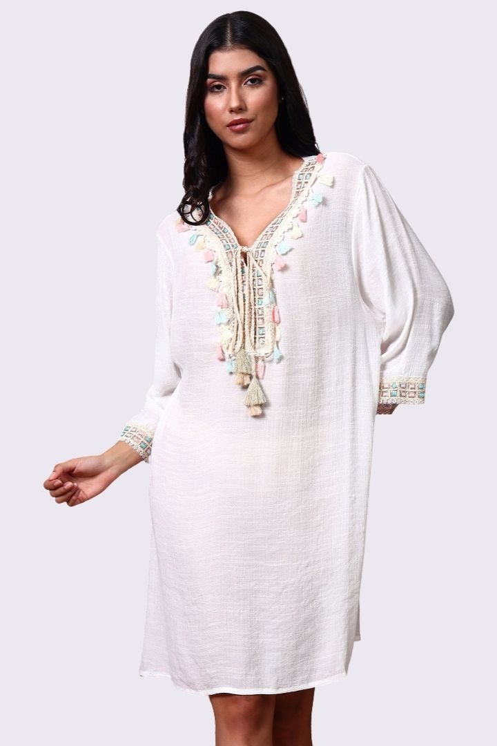 AXTZH Relaxed Fit Women’s Coverup with Embroidered Neckline and Chic Details-X3844-WHITE-SNGA1