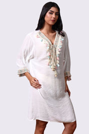 AXTZH Relaxed Fit Women’s Coverup with Embroidered Neckline and Chic Details-X3844-WHITE-SNGA1