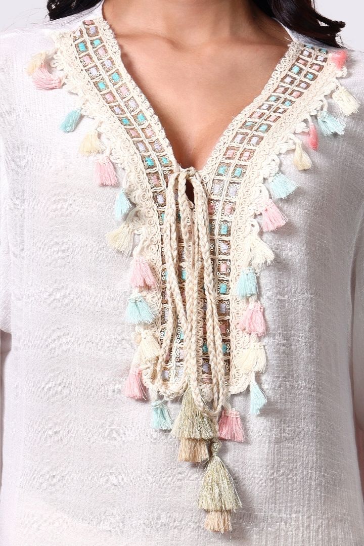 AXTZH Relaxed Fit Women’s Coverup with Embroidered Neckline and Chic Details-X3844-WHITE-SNGA1