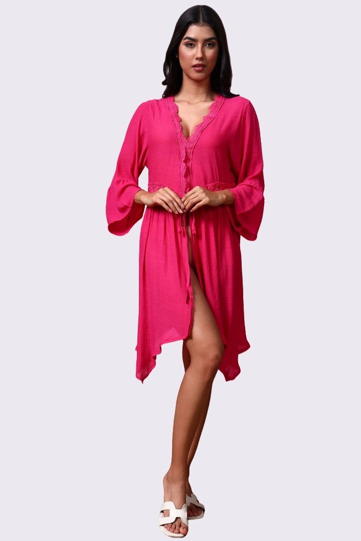 AXTZH Flowing Sarong-Inspired Beachwear Dress with Bell Sleeves and Tie-Up Waist-X0629-FUCHSIA-SNGA2