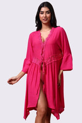 AXTZH Flowing Sarong-Inspired Beachwear Dress with Bell Sleeves and Tie-Up Waist-X0629-FUCHSIA-SNGA2