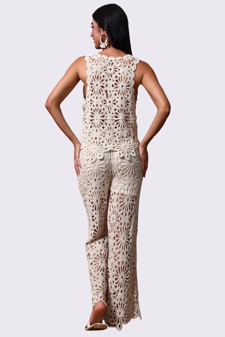 AXTZH Resort-Inspired Crochet Pants Featuring Sheer Weave and Flowing Silhouette X0150-BEIGE-BW1PLO