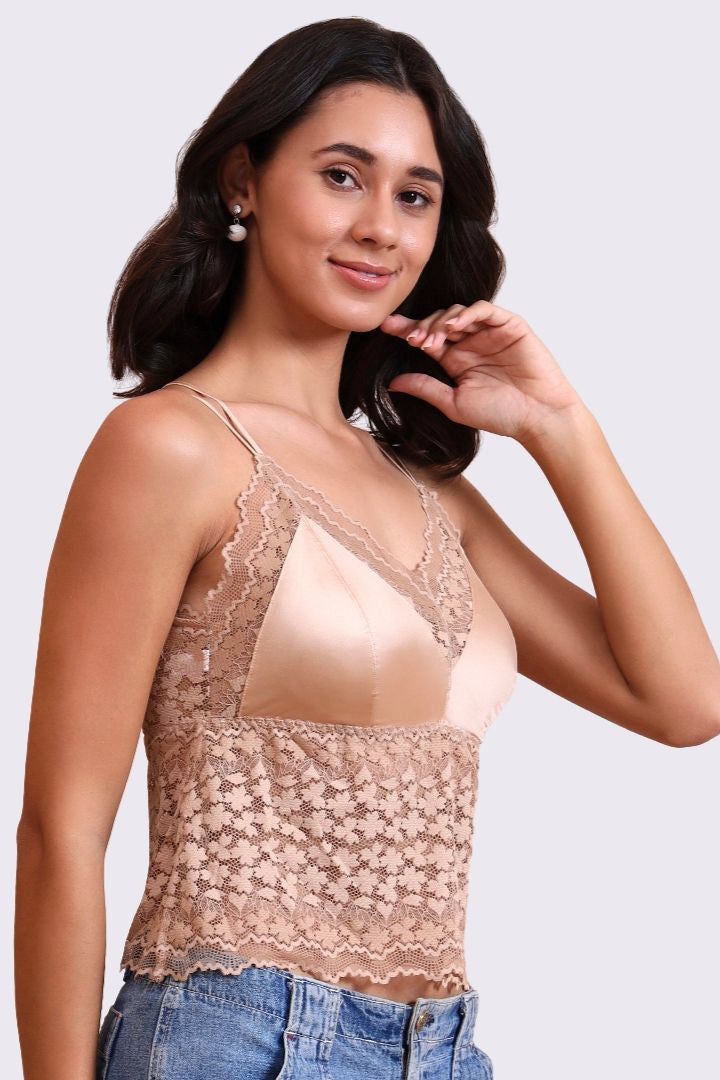 AXTZH Lace Bralette for Women Featuring Elegant Sheer Floral Overlay and Soft Support-X3154-ALMOND-CN124