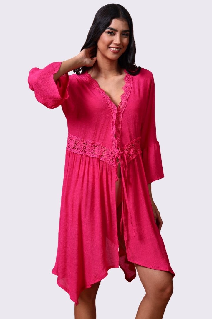 AXTZH Flowing Sarong-Inspired Beachwear Dress with Bell Sleeves and Tie-Up Waist-X0629-FUCHSIA-SNGA2