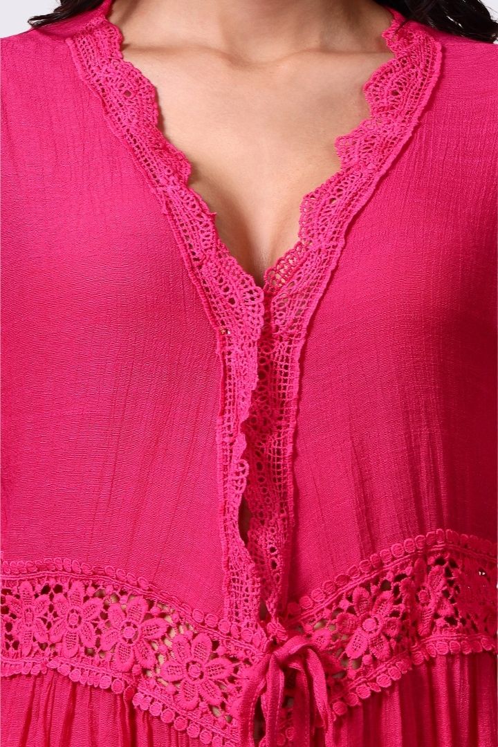 AXTZH Flowing Sarong-Inspired Beachwear Dress with Bell Sleeves and Tie-Up Waist-X0629-FUCHSIA-SNGA2