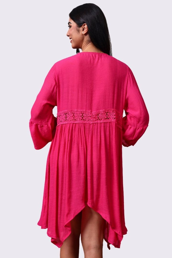 AXTZH Flowing Sarong-Inspired Beachwear Dress with Bell Sleeves and Tie-Up Waist-X0629-FUCHSIA-SNGA2