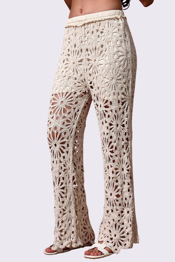 AXTZH Resort-Inspired Crochet Pants Featuring Sheer Weave and Flowing Silhouette X0150-BEIGE-BW1PLO