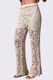 AXTZH Resort-Inspired Crochet Pants Featuring Sheer Weave and Flowing Silhouette X0150-BEIGE-BW1PLO