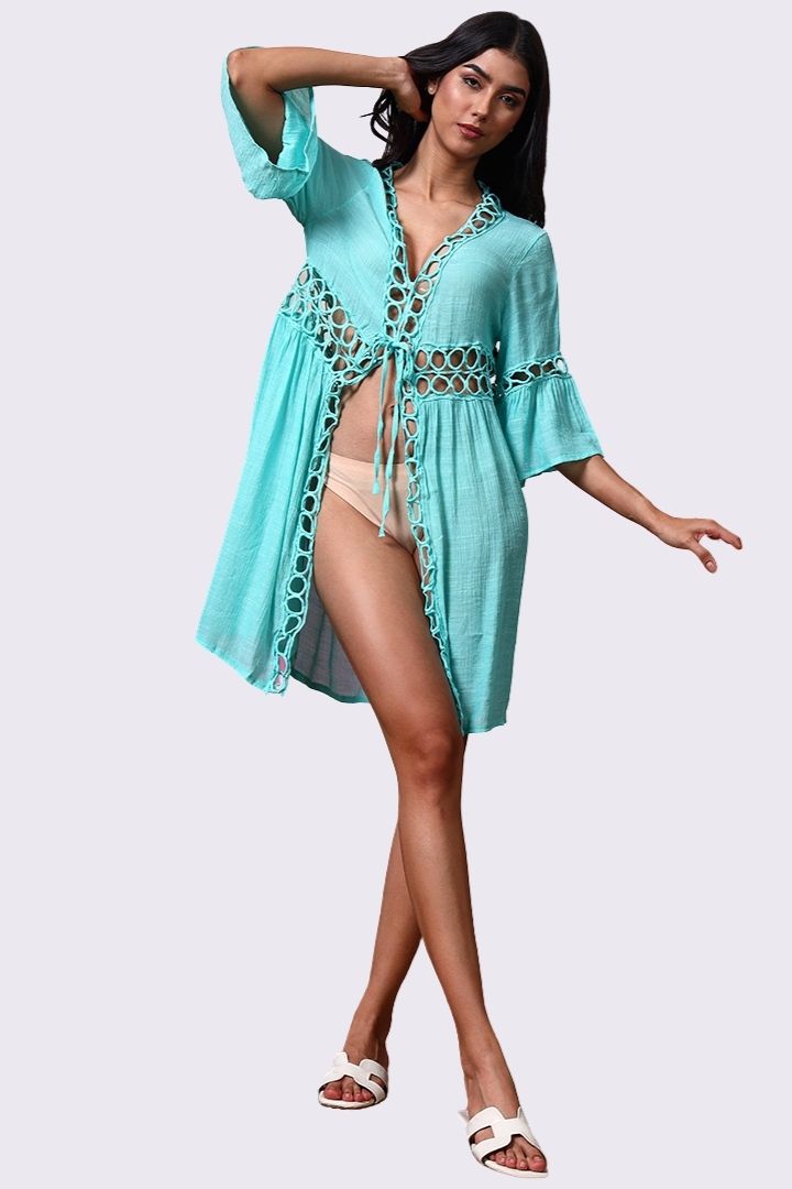 AXTZH Lightweight Resort Cover-Up Featuring Crochet Detailing and Breezy Fit-X0630-SGREEN-SNGA2