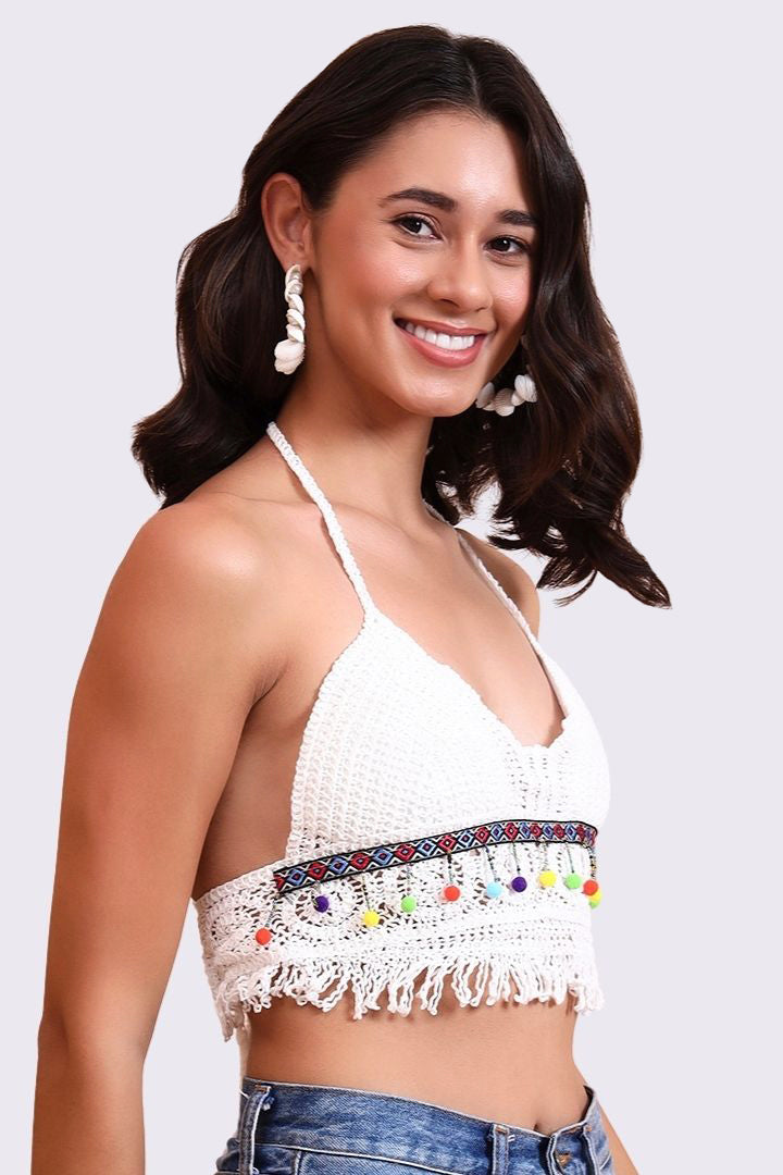 AXTZH Crochet Halter Beachwear Bra Top with Handcrafted Detailing and Playful Design-X0169-WHITE11-BW1PBL