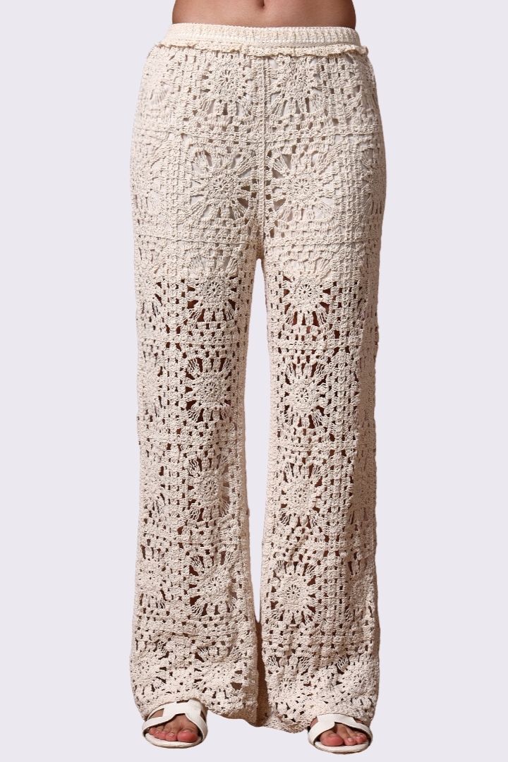 AXTZH Resort-Inspired Crochet Pants Featuring Sheer Weave and Flowing Silhouette X0139-BEIGE-BW1PLO