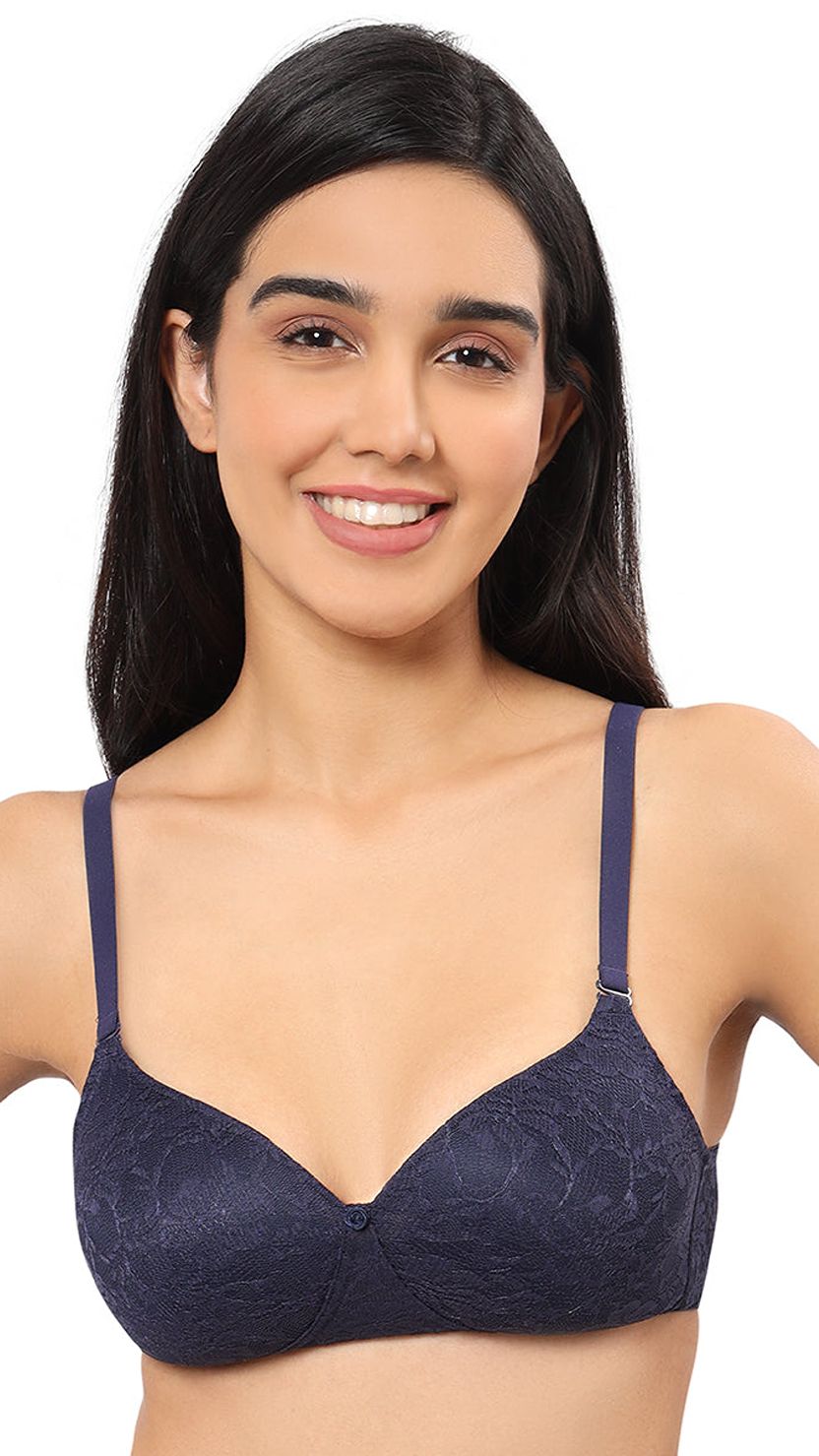 Amante Navy Blue Lace Padded Non-Wired Full Coverage Bra