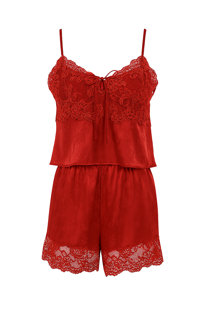 AXTZH  2-Piece Satin Nightwear with Shorts X6468-SCARLET-A4S