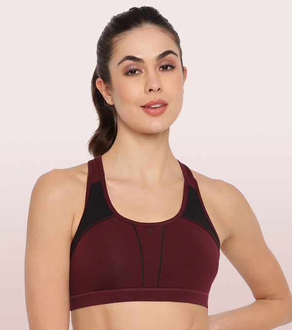 Enamor-SB08 Grape Wine Medium Impact Sports Bra Racer Back, Removable Pads & Wirefree