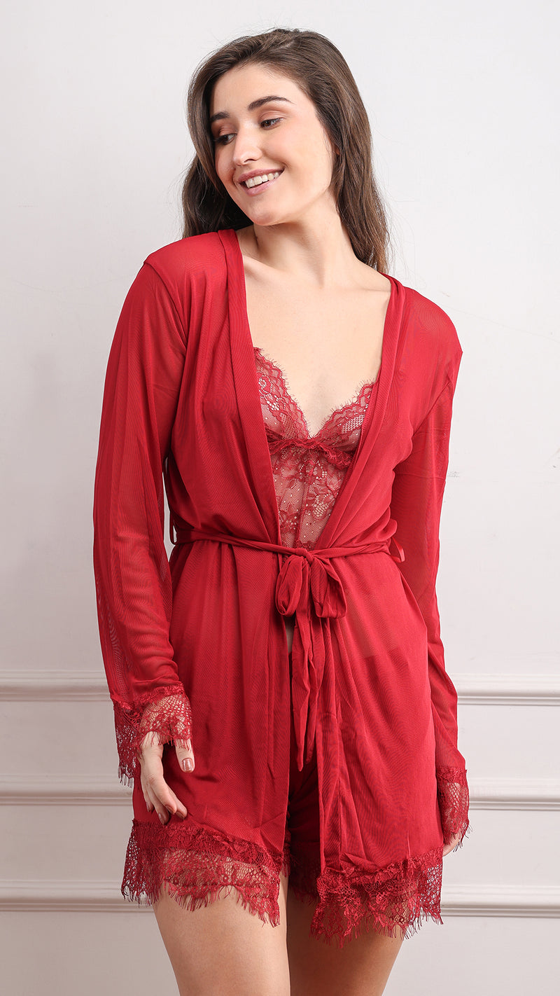 Red Lace Cami, Shorts & Robe 3-Piece Set