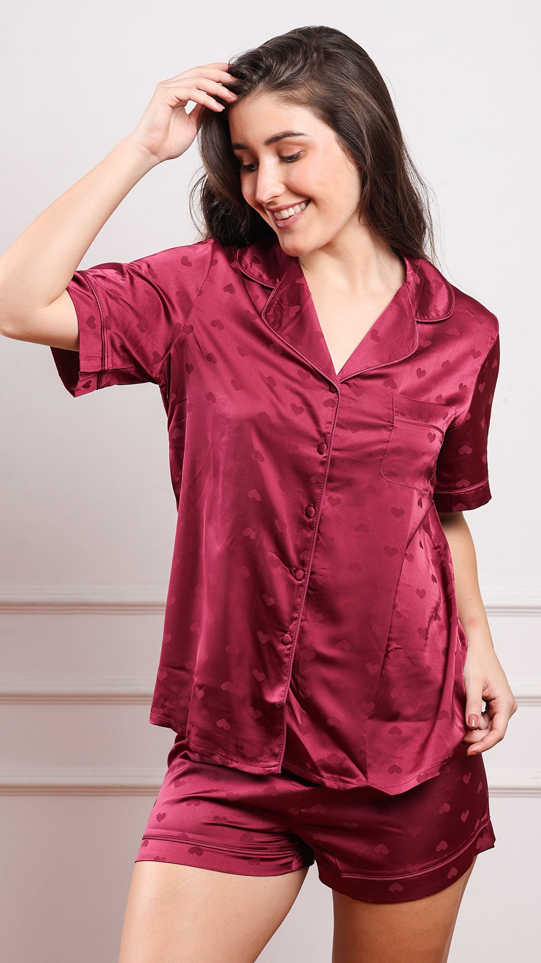 Wine heart jacquard satin pajama shirt with matching shorts on model