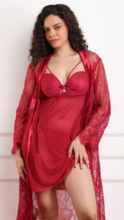 Satin-Trim Lace Robe & Power Net Padded Babydoll Set