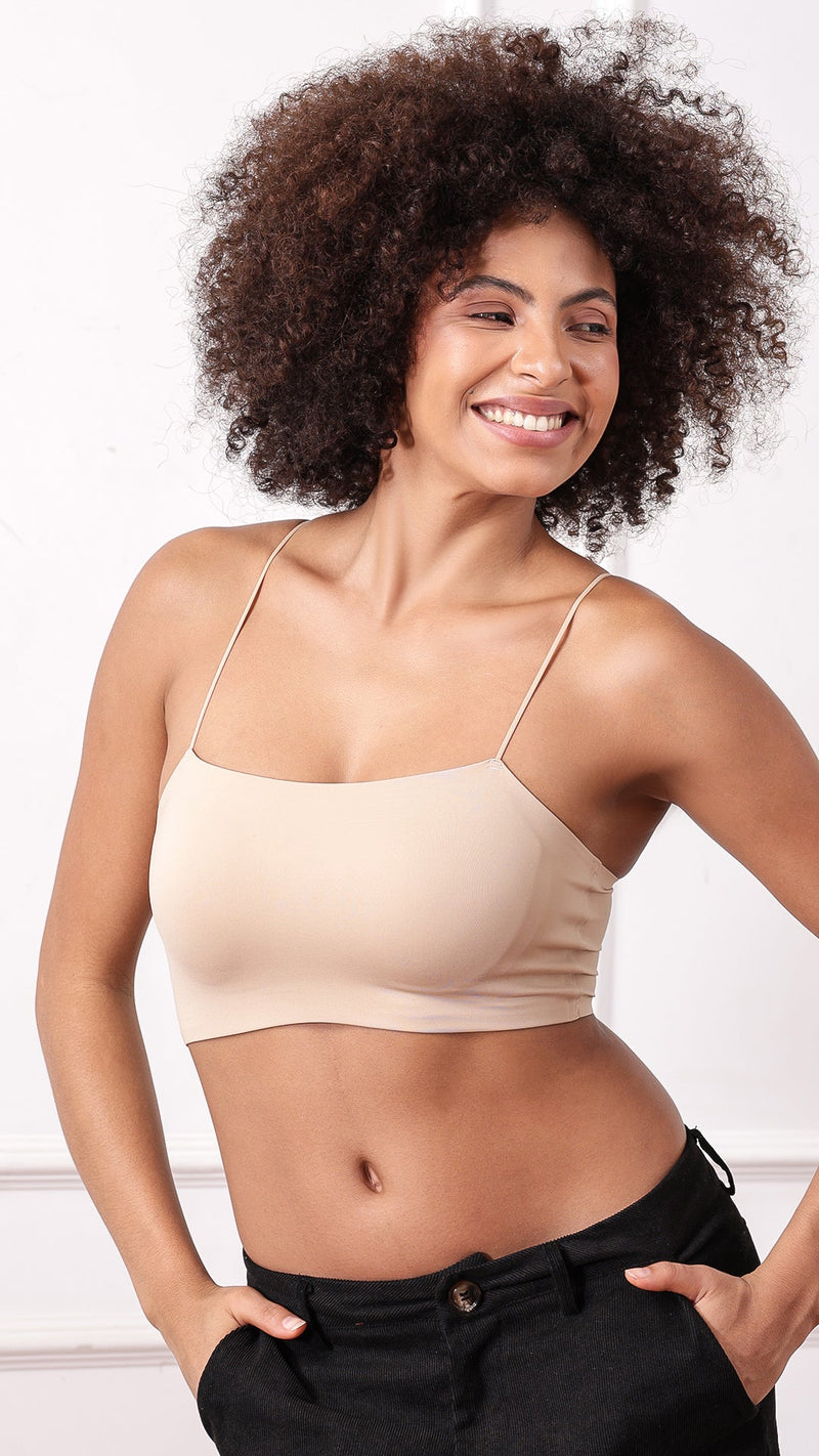 Beige Padded Cami Bralette worn with black pants, front view