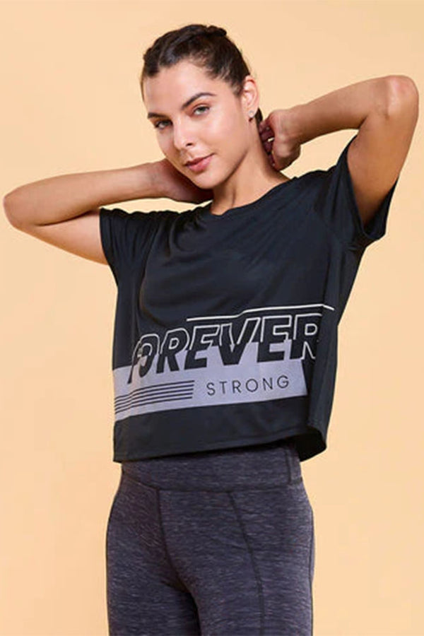 Enamor A311 Typographic Printed Drop Shoulder Sleeves Relaxed Fit Crop T-shirt