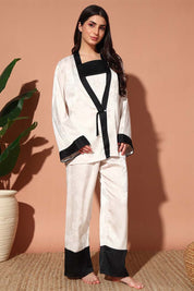 NIGHTWEAR-XNSL3PSA1230 Floral Satin Night Suit Set with Elegant Robe