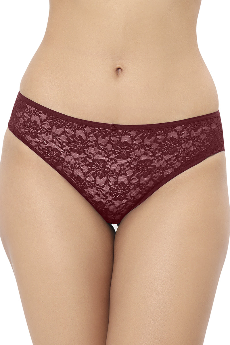 Maroon AMANTE PAN10306 Floral Romance Three-Fourth Coverage Low Rise Bikini Panty