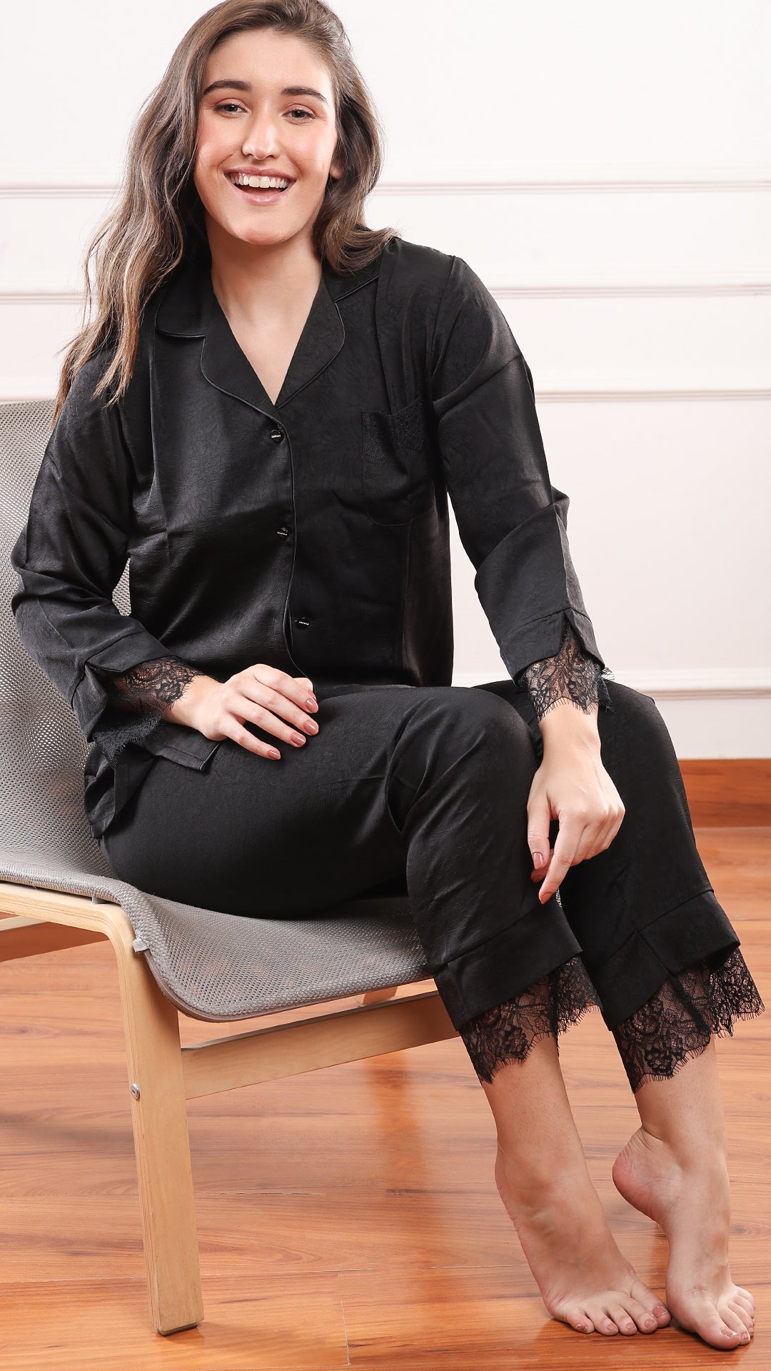 Black Silk Satin Pajama Set I Lace Trim Nightwear
