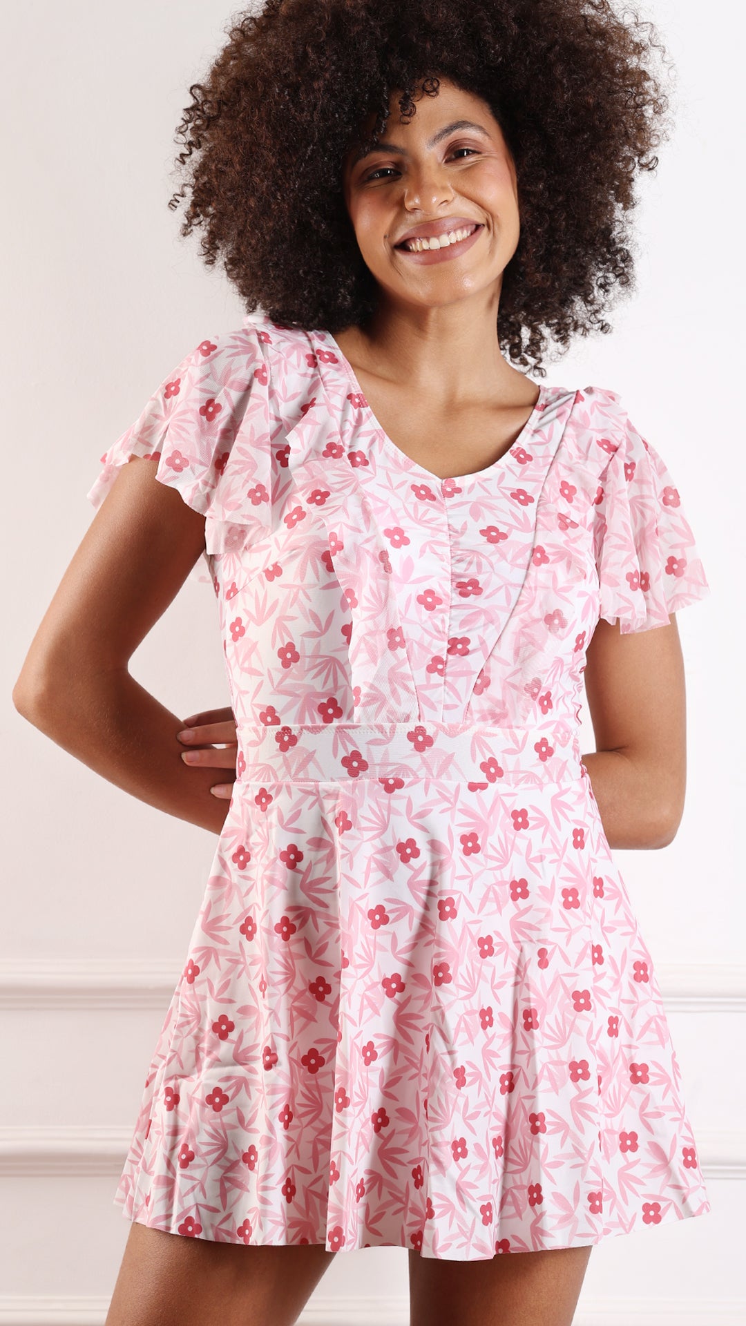 Floral Print Flutter Sleeve Beach Dress
