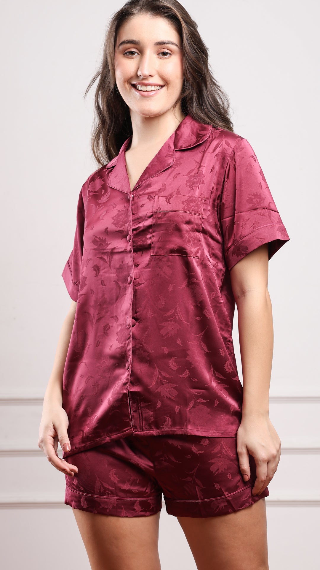 Wine satin pajama shorts set for women with floral jacquard finish