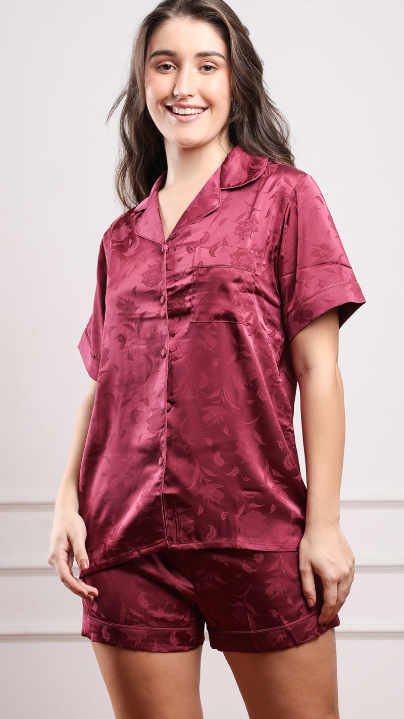Jacquard Satin 3pc Pajama Set – Shirt, Shorts & Pant