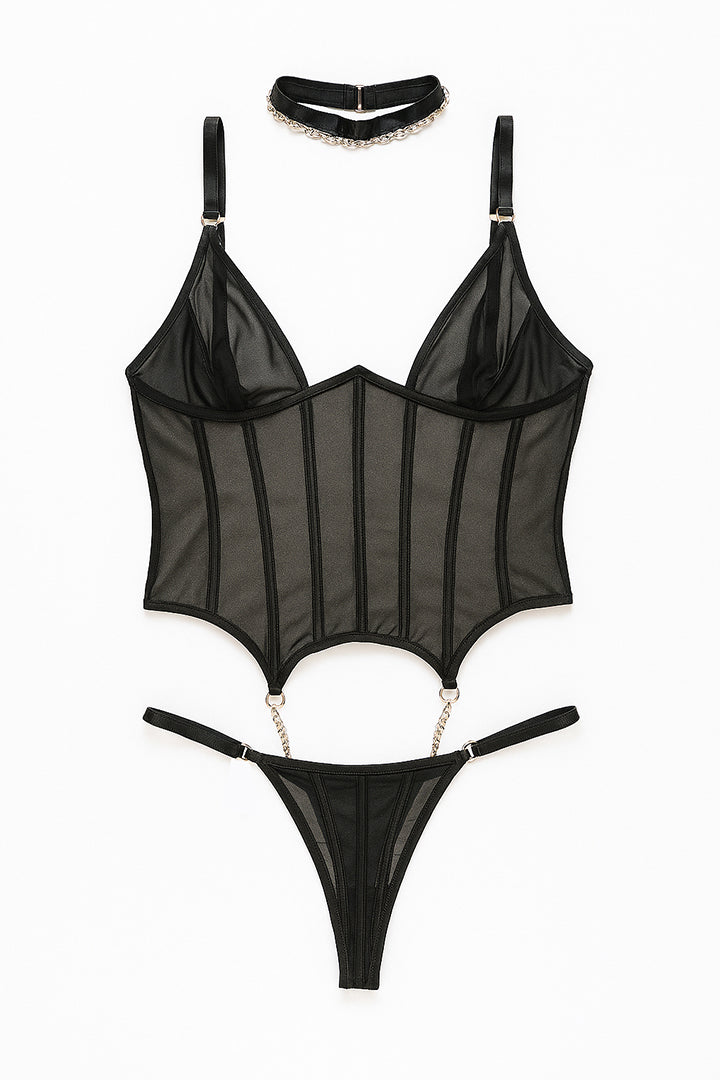 AXTZH 3-Piece Black Mesh Bodysuit with Choker X0122-BLACK-BS2P