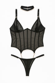 AXTZH 3-Piece Black Mesh Bodysuit with Choker X0122-BLACK-BS2P