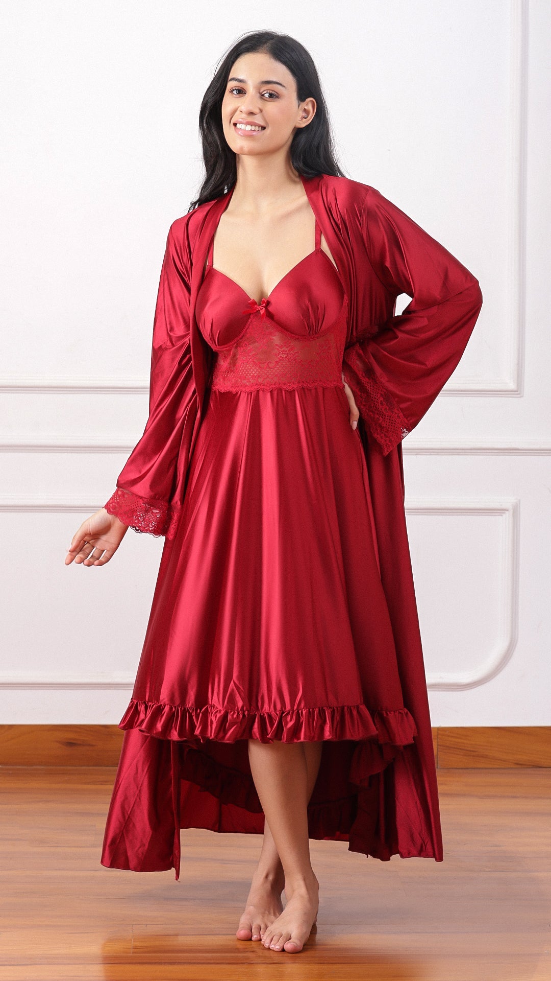 Maroon satin robe and slip dress set, front view