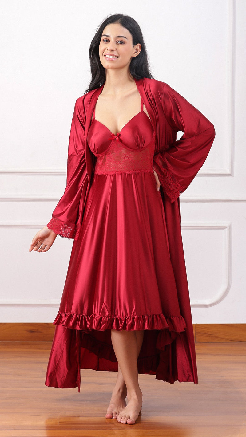 Maroon satin robe and slip dress set, front view