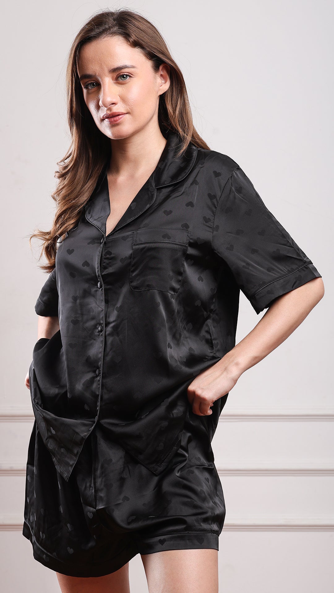Black satin pajama shorts set with heart jacquard and button-down shirt