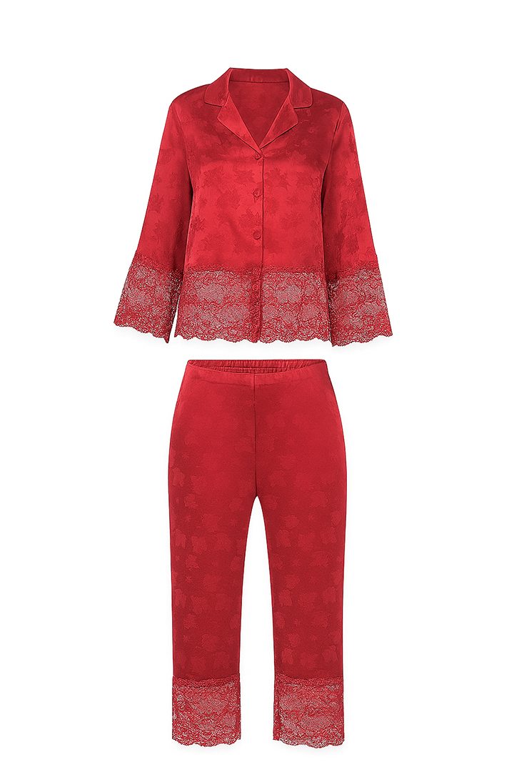 AXTZH  2-Piece Full-Length Satin Nightwear Set X6462-SCARLET-WC2S