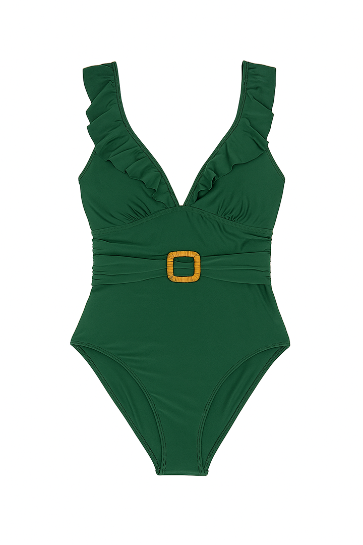 AXTZH Ruffled Belted 1-Piece Bodysuit X2508-PINE-1PM