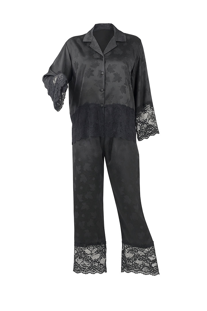 AXTZH 2-Piece Full-Length Satin Nightwear Set X6462-BLACK-WC2S