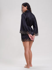 Mysthelle ELLA BLACK ROBE WITH EMBROIDERED SLEEVES