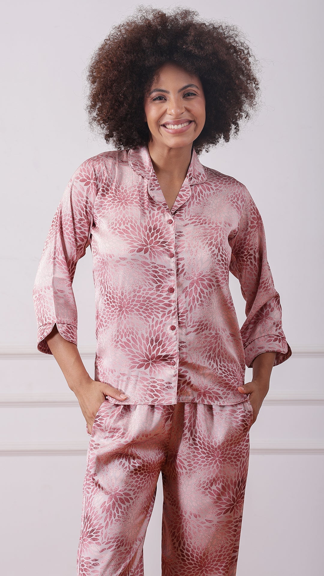 Floral print satin pyjama set with button-down shirt, front view