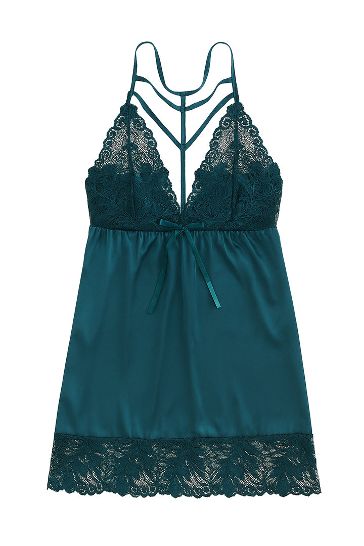 AXTZH Satin Lace 2-Piece Nightwear Set with Robe X7671-TEAL-F11S