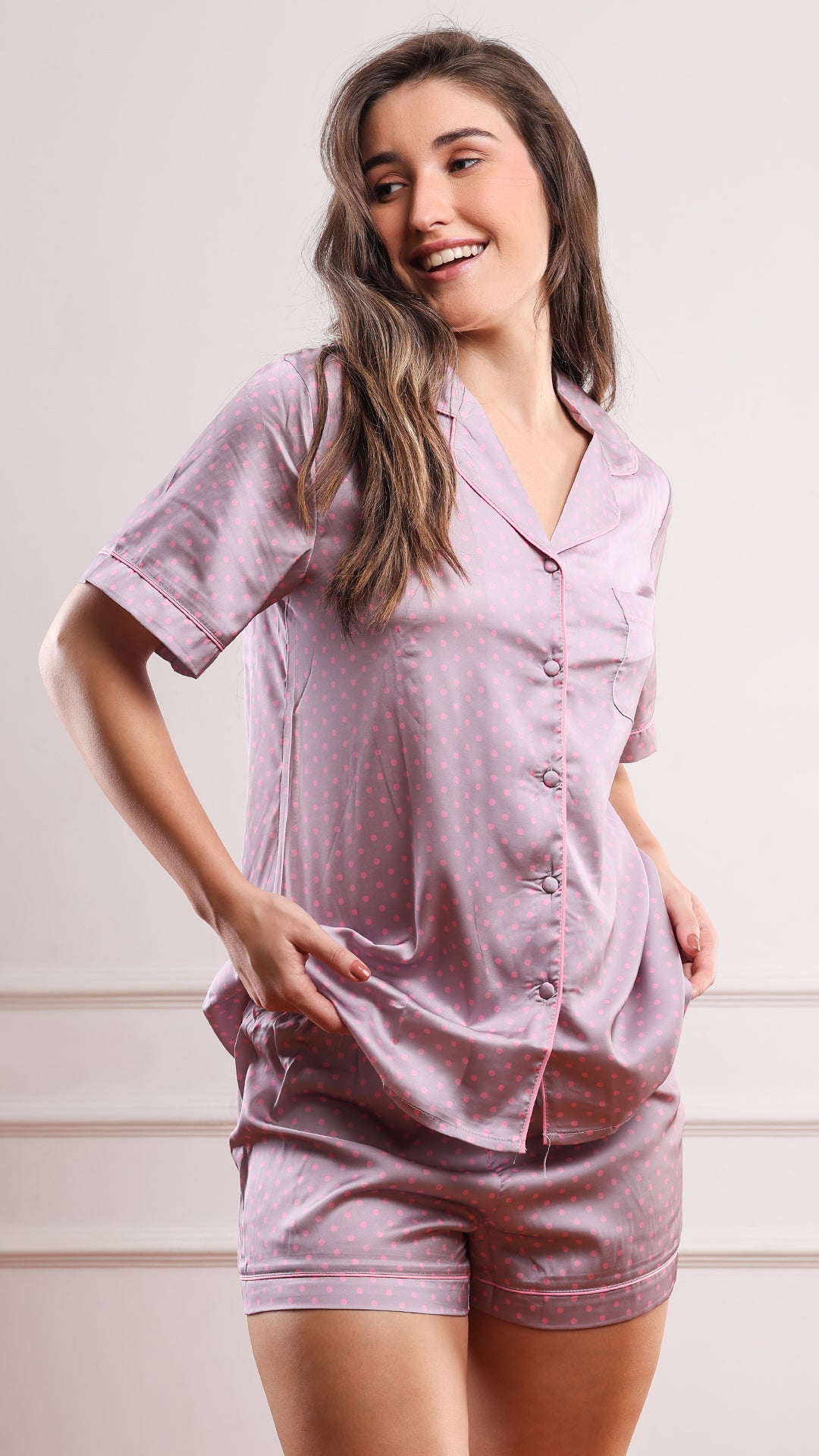 Mauve satin polka dot pajama set for women featuring a short sleeve button-down shirt with matching long pants, soft luxury sleepwear by Savvyy.
