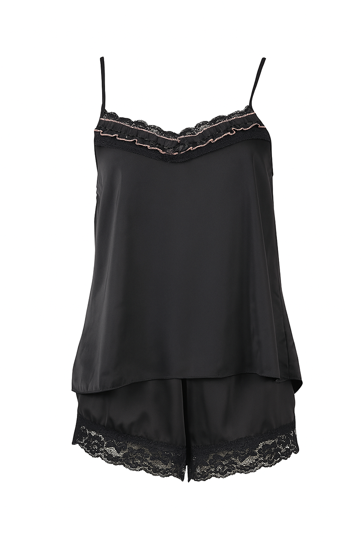 AXTZH Satin Ruffle Trim Nightware Set X8359-BLACK-A4S