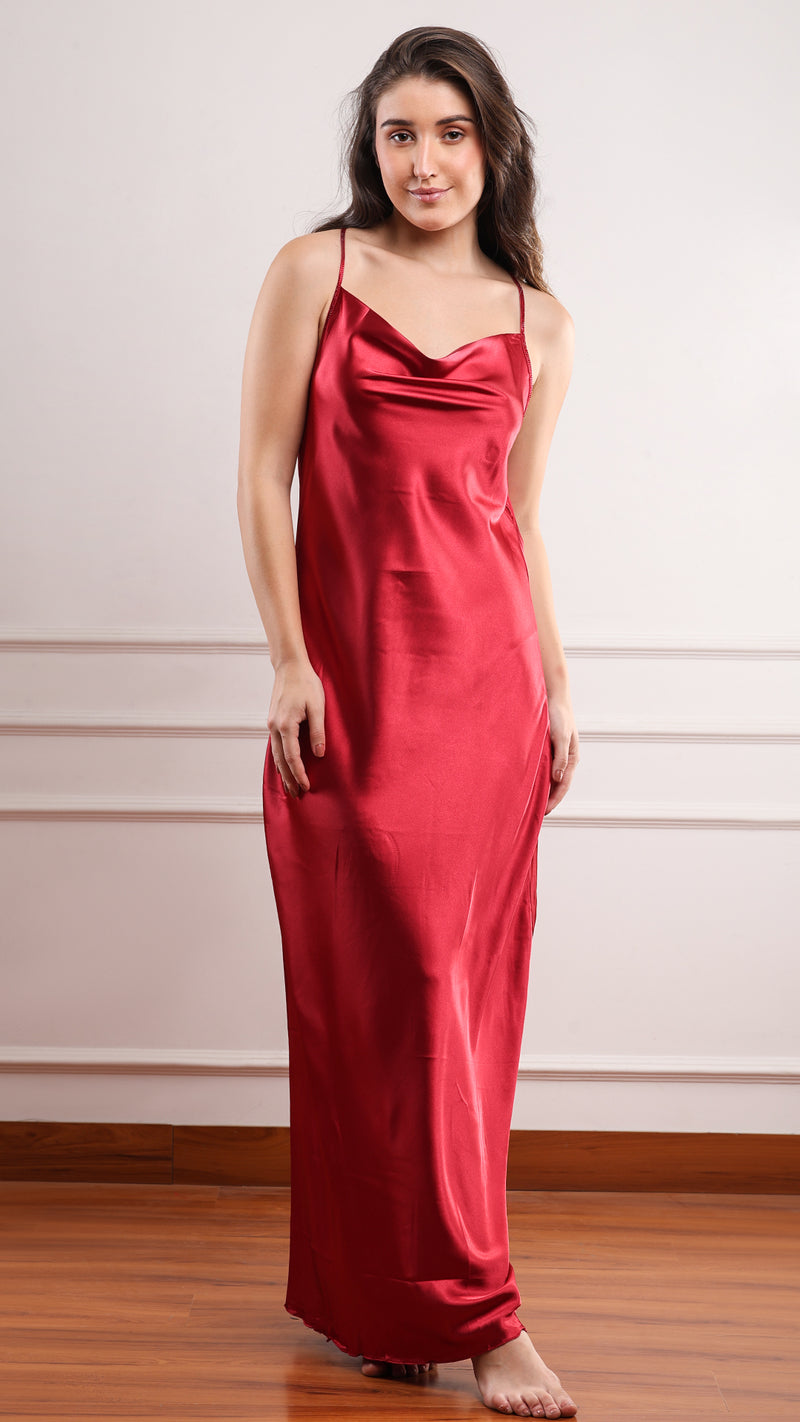 Scarlet Satin Cowl Neck Long Nightgown